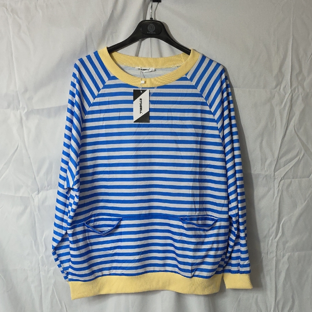 Etosell Women Crewneck Blue & Yellow Striped Sweatshirt Medium W/ Pockets W498